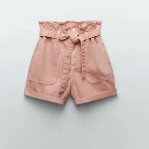 💕 ZARA Pink Paperbag Oversize Shorts Bowtie Size 4 Small